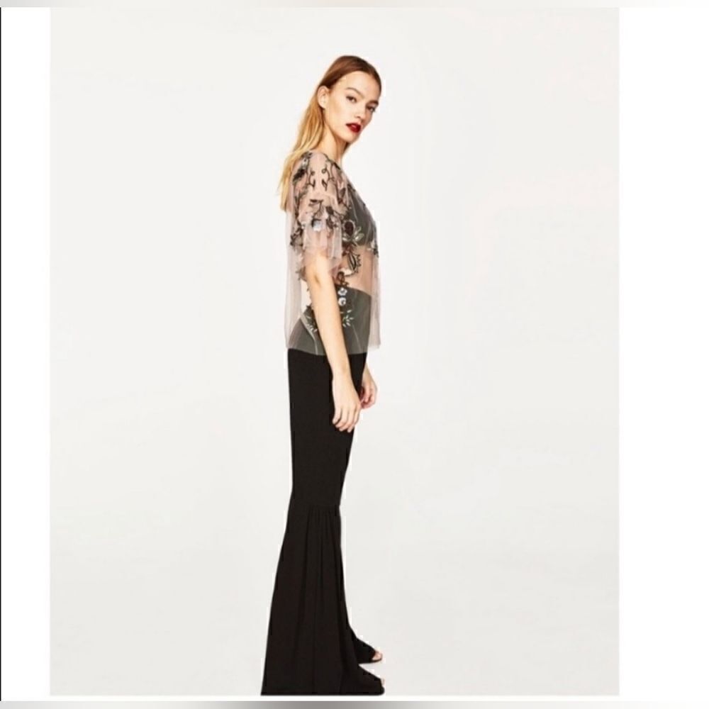 Zara Woman Black Floral Embroidered Tulle Blouse Womens Size Medium - Picture 3 of 12
